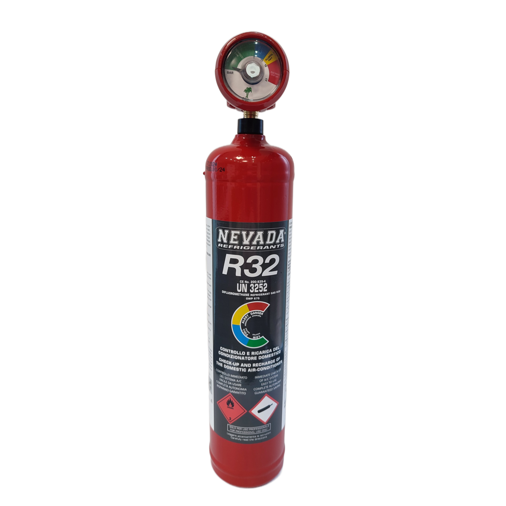 Refrigerant R32 780g with filling hose & pressure gauge, for air conditioning & heat pump