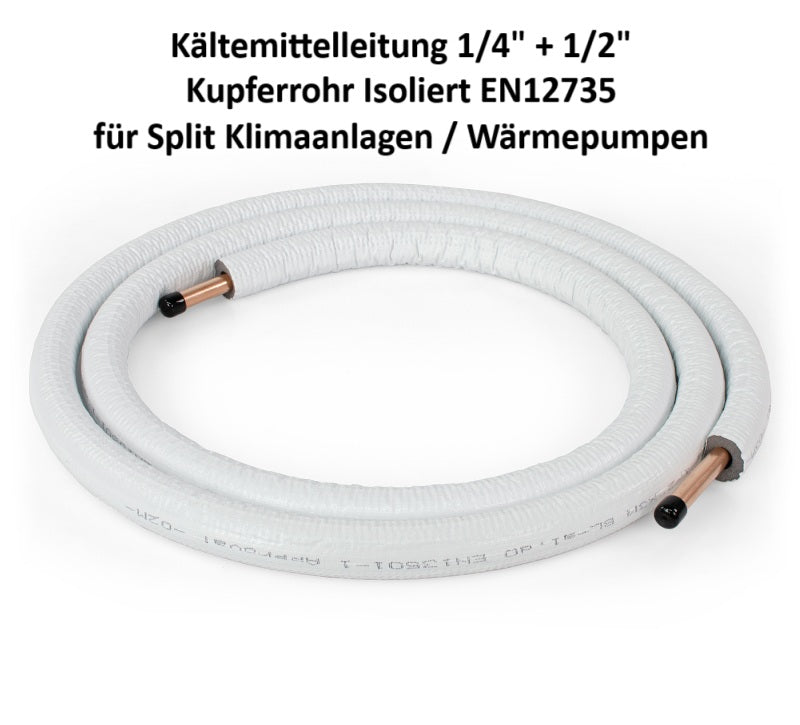 Kältemittelleitung 20m 1/4" + 1/2" Kupferrohr Isoliert EN12735 für Klimaanlage & Wärmepumpe