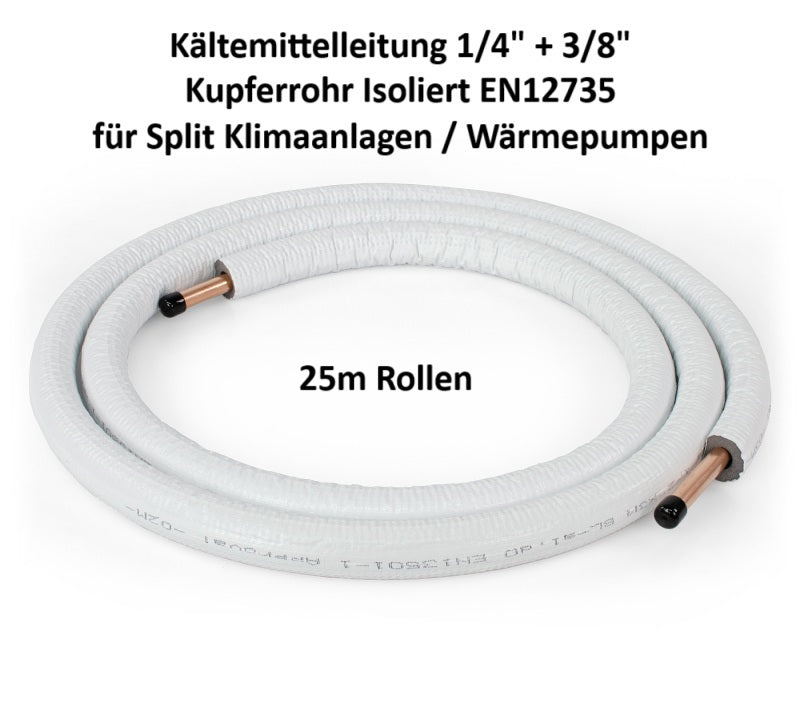 Kältemittelleitung 25m 1/4" + 3/8" Kupferrohr Isoliert EN12735 für Klimaanlage & Wärmepumpe