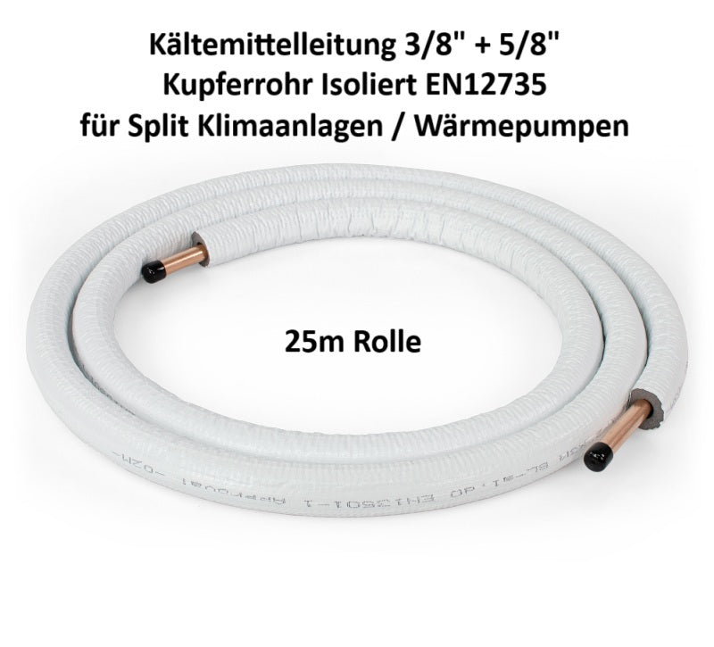 Refrigerant line 25m 1/4" + 3/8" copper pipe insulated EN12735 for air conditioning & heat pump