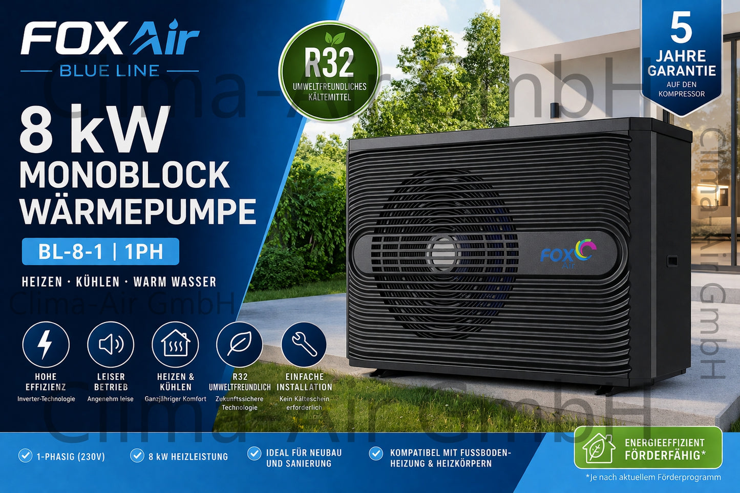 FoxAir Blue Line 8 kW Monoblock Heat Pump R32 1PH BL-8-1 | Heating + Cooling | New