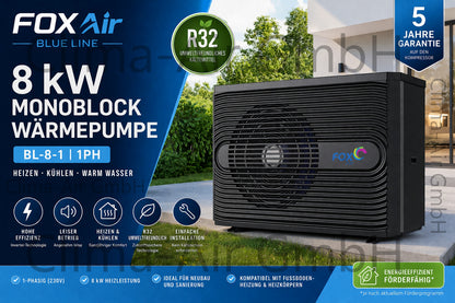 FoxAir Blue Line 8 kW Monoblock Heat Pump R32 1PH BL-8-1 | Heating + Cooling | New