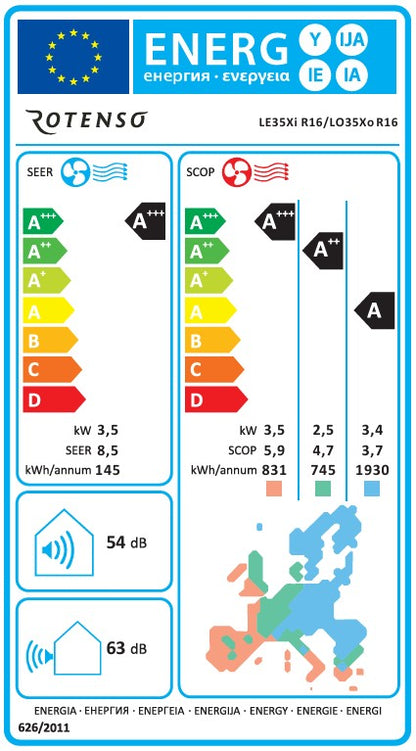 Rotenso Klimaanlage Luve White 2,7 kW bis 5,3 kW Single-Split Wandgeräte-Set Digital Inverter WiFi A+++