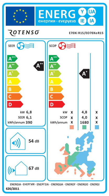Rotenso Klimaanlage Elis Black 2,6 kW bis 6,8 kW Single-Split Wandgeräte-Set Digital Inverter WiFi A++