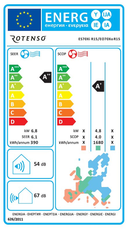Rotenso Klimaanlage Elis Silver 2,6 kW bis 6,8 kW Single-Split Wandgeräte-Set Digital Inverter WiFi A++