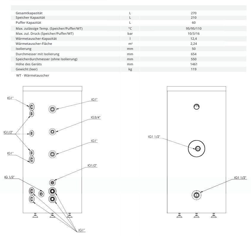 SUNEX FISH S24 210/60 X Combination Storage Tank - 210l Hot Water Storage Tank and 60l Buffer Tank with Heat Exchanger