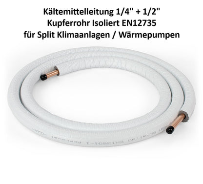 Kältemittelleitung 20m 1/4" + 1/2" Kupferrohr Isoliert EN12735 für Klimaanlage & Wärmepumpe