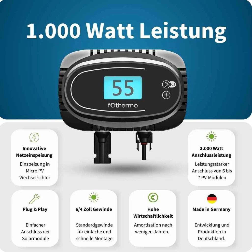 fothermo Photovoltaik Heizstab 1000 W | Solar Heizstab | PV Warmwasser | MC4