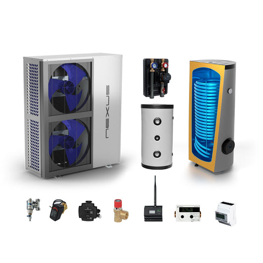 Sunex heat pump complete set 18 kW NEXUS M18 EVI monoblock with domestic hot water and buffer tank 
