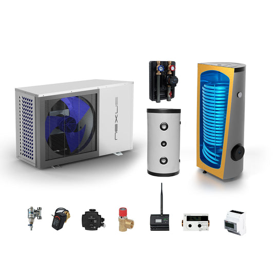 Sunex heat pump complete set 13 kW NEXUS M13 EVI monoblock with domestic hot water and buffer tank 